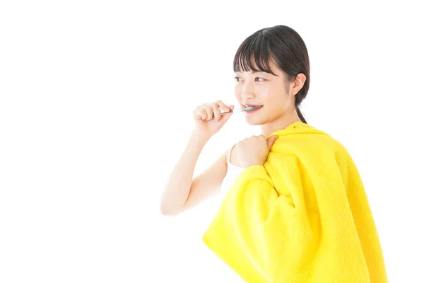 Young Woman Brushing Teeth Shower — Stock Photo, Image