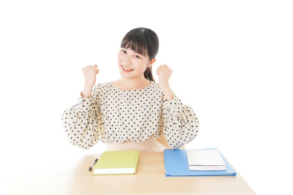 Joven Estudiante Con Sonrisa Mostrando Agallas Pose — Foto de Stock