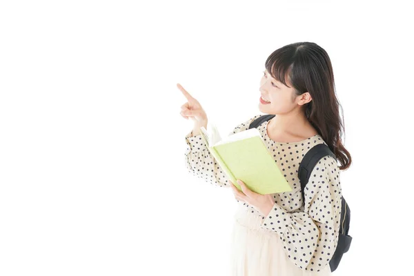 Sonriente Joven Asiática Estudiante Apuntando Algo — Foto de Stock