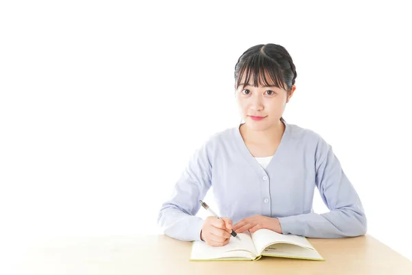 Joven Estudiante Asiática Estudiando Sentada Escritorio — Foto de Stock