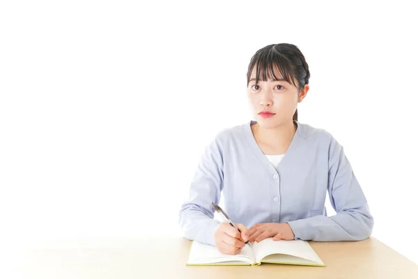 Joven Estudiante Asiática Estudiando Sentada Escritorio — Foto de Stock