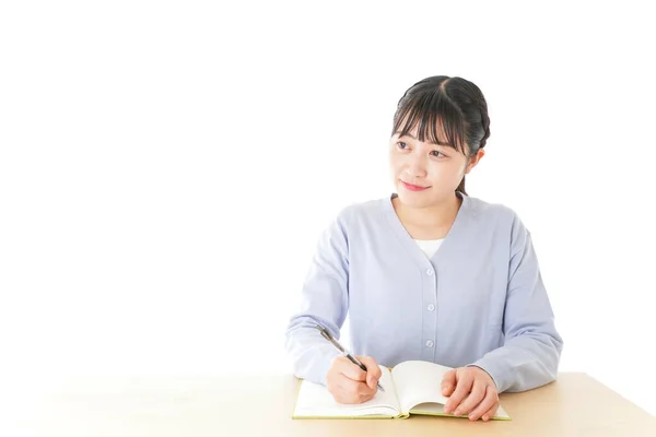 Young Female Asian Student Studying Sitting Desk — Stock Photo, Image