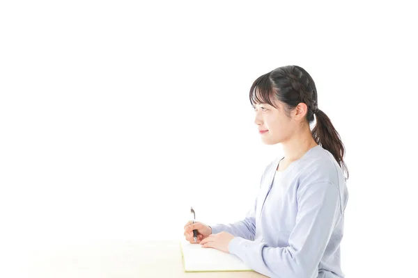 Young Female Asian Student Studying Sitting Desk — Stock Photo, Image