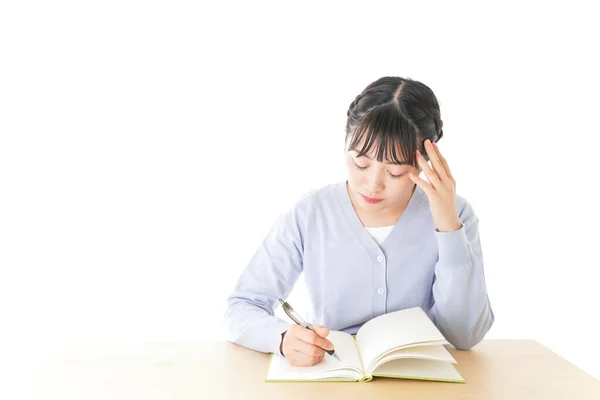 Joven Estudiante Asiática Pensando Escritorio — Foto de Stock