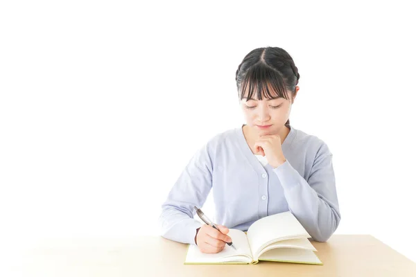 Joven Estudiante Asiática Pensando Escritorio — Foto de Stock