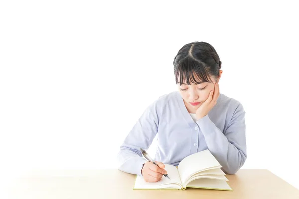 Joven Estudiante Asiática Pensando Escritorio — Foto de Stock