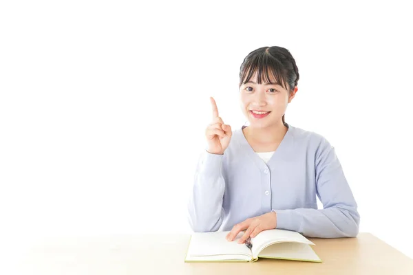 Junge Asiatische Studentin Zeigt Der Schule Etwas — Stockfoto