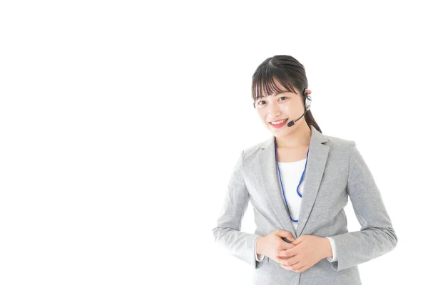 Jovem Sorrindo Mulher Asiática Trabalhando Call Center — Fotografia de Stock
