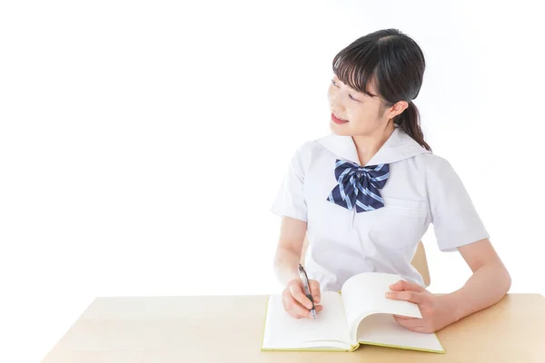 Jovem Estudante Uniforme Isolado Branco — Fotografia de Stock