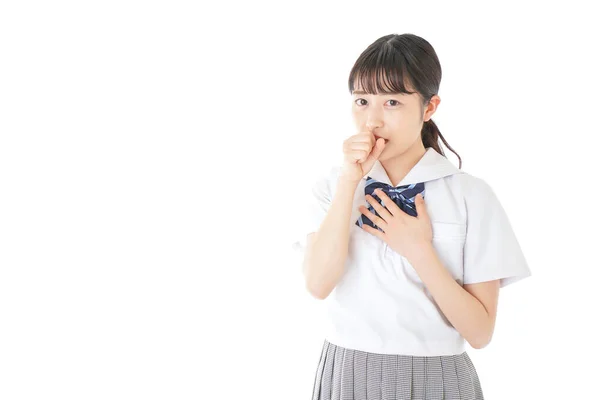 Chica Uniforme Escolar Tos Joven Estudiante Teniendo Resfriado —  Fotos de Stock