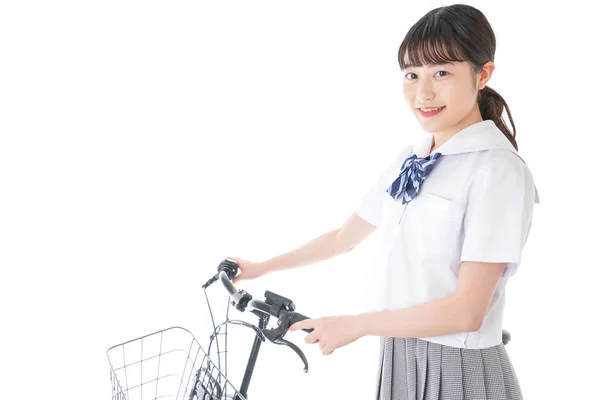 Flicka Skolan Uniform Cykeln Elev Som Går Skolan Med Cykel — Stockfoto