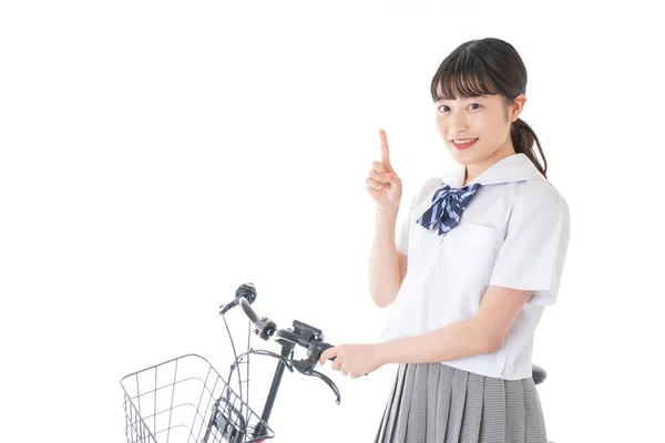 Okul Üniformalı Kız Bisikletli Okula Bisikletle Giden Bir Öğrenci — Stok fotoğraf