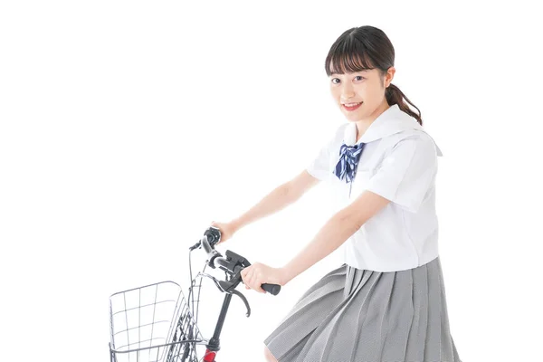 Okul Üniformalı Kız Bisikletli Okula Bisikletle Giden Bir Öğrenci — Stok fotoğraf