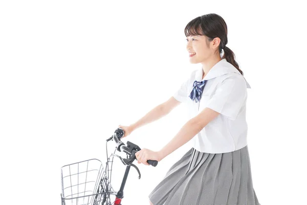 Flicka Skolan Uniform Cykeln Elev Som Går Skolan Med Cykel — Stockfoto