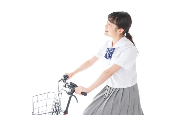 Menina Uniforme Escolar Bicicleta Estudante Indo Para Escola Bicicleta — Fotografia de Stock