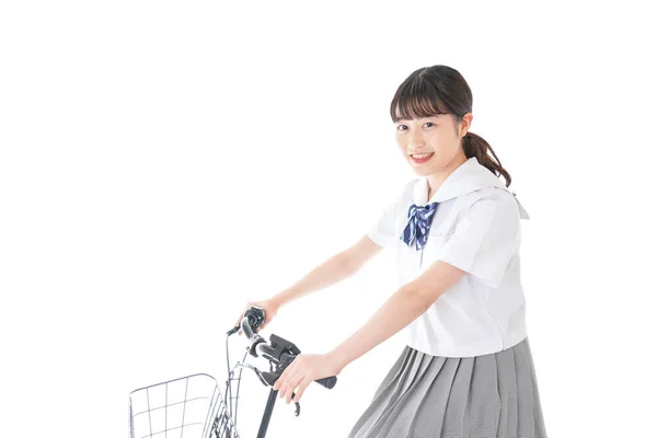 Mädchen Schuluniform Auf Dem Fahrrad Schüler Auf Dem Weg Zur — Stockfoto