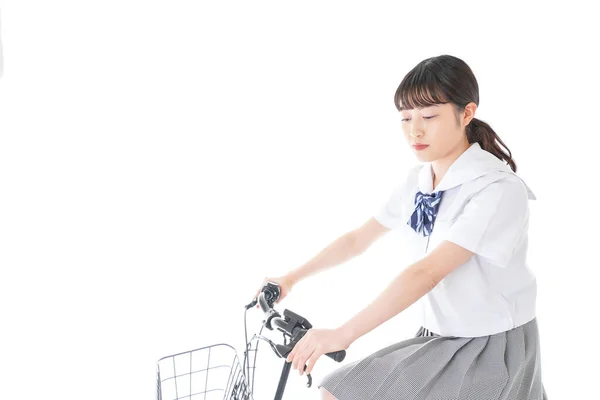 Menina Uniforme Escolar Bicicleta Estudante Indo Para Escola Bicicleta — Fotografia de Stock