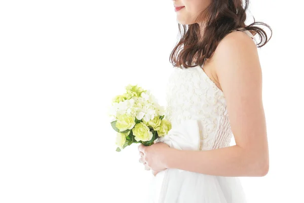 Jovem Mulher Vestido Tendo Buquê — Fotografia de Stock