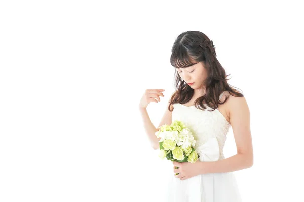 Young Woman Bouquet Pointing Something — Stock Photo, Image