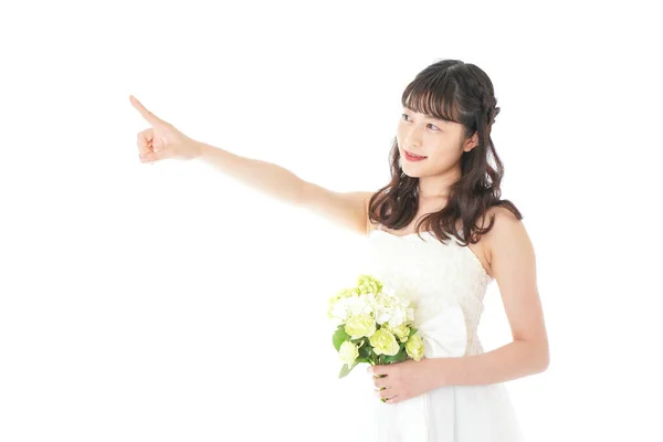 Young Woman Bouquet Pointing Something — Stock Photo, Image