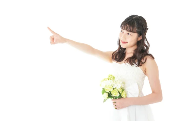 Young Woman Bouquet Pointing Something — Stock Photo, Image