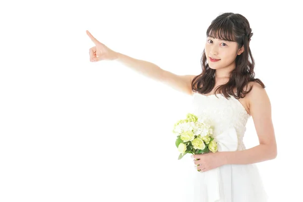 Young Woman Bouquet Pointing Something — Stock Photo, Image