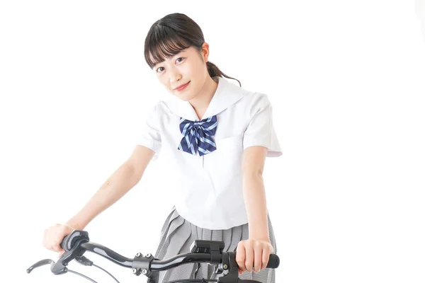 Genç Öğrenci Bisikletle Okula Gidiyor — Stok fotoğraf
