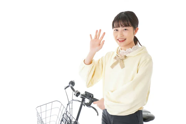 Ung Asiatisk Kvinde Ridning Cykel - Stock-foto