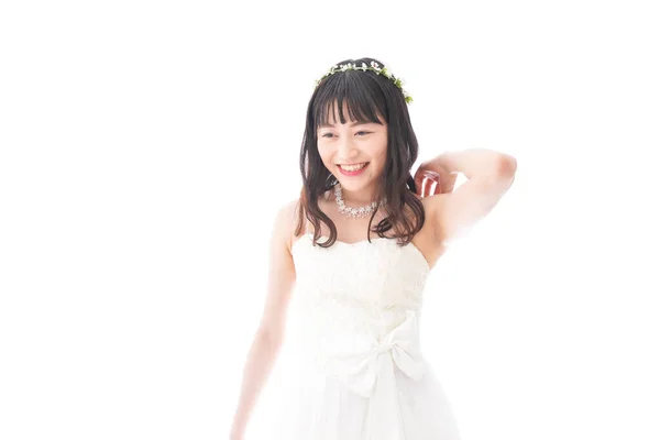 Jeune Femme Asiatique Robe Mariée Avec Sourire — Photo