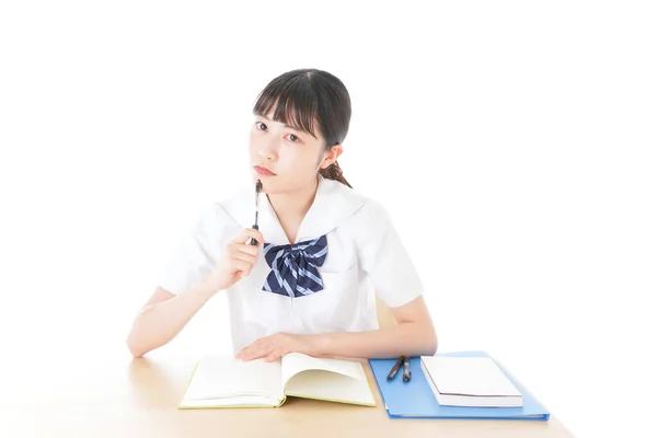 Jonge Vrouwelijke Student Uniform Studeren Aan Bureau — Stockfoto