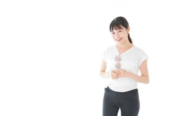 Jovem Mulher Asiática Posando Com Óculos Isolados Branco — Fotografia de Stock