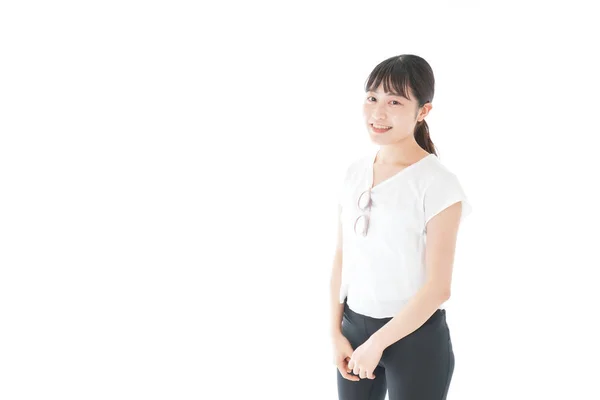 Joven Asiático Mujer Posando Con Gafas Aislado Blanco — Foto de Stock