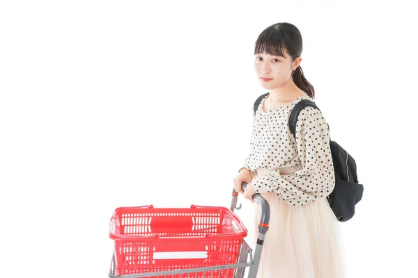 Junge Frauen Mit Dem Leeren Einkaufswagen — Stockfoto