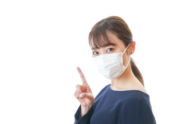 Young Woman Wearing Mask Pointing Something — Stock Photo, Image
