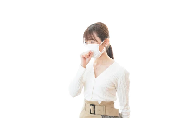 Jovem Mulher Usando Uma Máscara Infectada Com Pneumonia — Fotografia de Stock