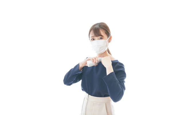 Jovem Mulher Usando Uma Máscara Medir Temperatura Corporal — Fotografia de Stock