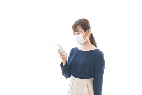 Young Woman Wearing Mask Giving Sign — Stock Photo, Image