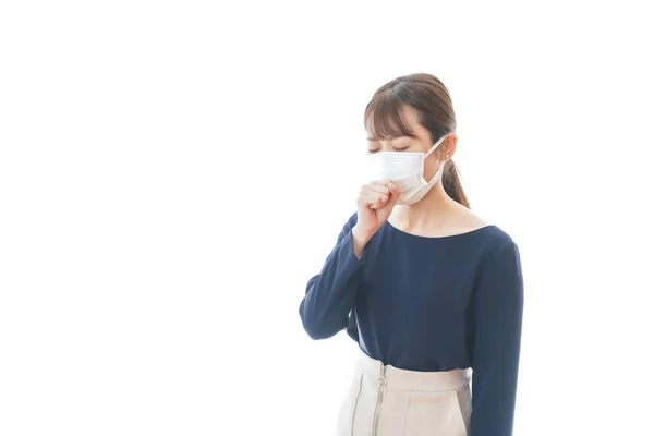 Mujer Joven Que Lleva Una Máscara Con Síntomas Tos —  Fotos de Stock