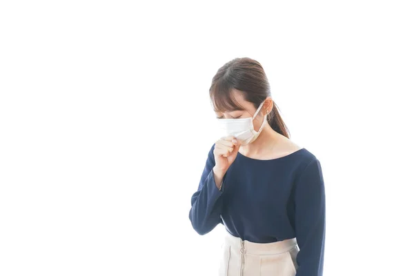 Young Woman Wearing Mask Having Symptoms Cough — Stock Photo, Image