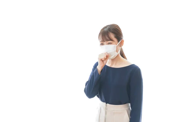 Mujer Joven Que Lleva Una Máscara Con Síntomas Tos —  Fotos de Stock