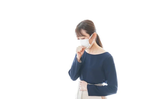 Young Woman Wearing Mask Having Symptoms Cough — Stock Photo, Image