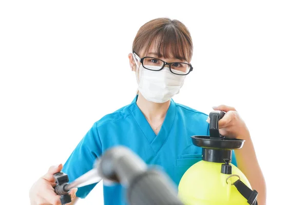 Young Woman Medical Uniform Protection Mask White Background Medical Worker — Stock Photo, Image