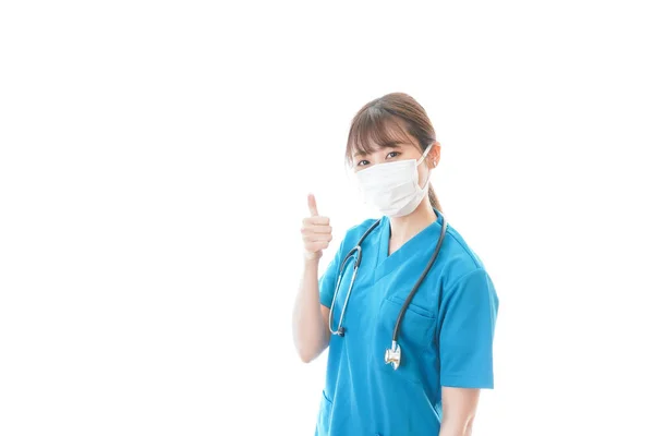 Mujer Joven Uniforme Médico Máscara Protección Fondo Blanco Trabajador Médico —  Fotos de Stock