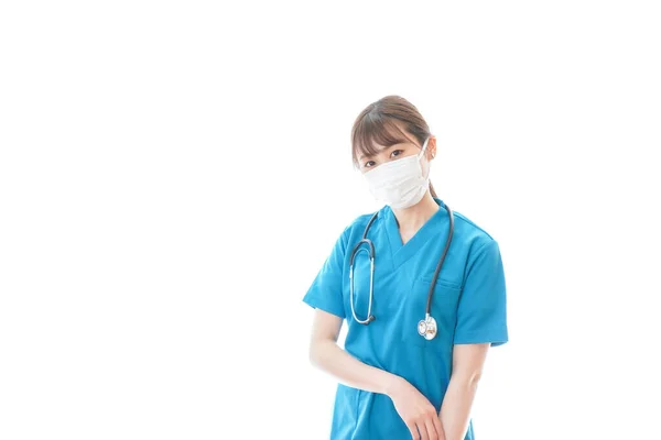 Mujer Joven Uniforme Médico Máscara Protección Fondo Blanco Trabajador Médico —  Fotos de Stock