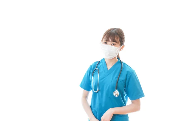 Mujer Joven Uniforme Médico Máscara Protección Fondo Blanco Trabajador Médico —  Fotos de Stock