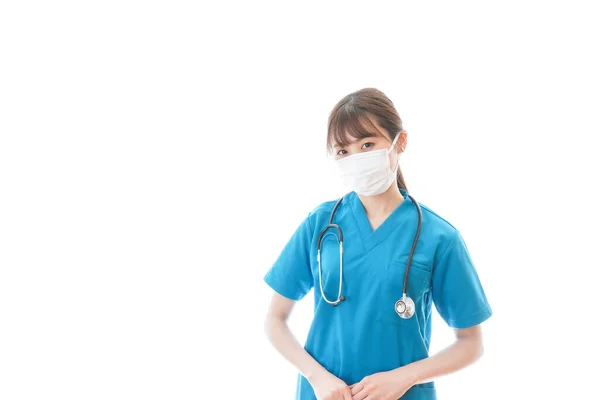 Jonge Vrouw Medisch Uniform Bescherming Masker Witte Achtergrond Medisch Medewerker — Stockfoto