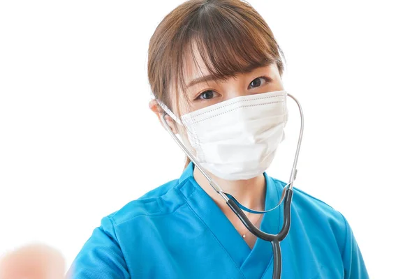 Young Woman Medical Uniform Protection Mask White Background Medical Worker — Stock Photo, Image
