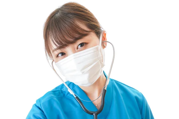 Mujer Joven Uniforme Médico Máscara Protección Fondo Blanco Trabajador Médico —  Fotos de Stock