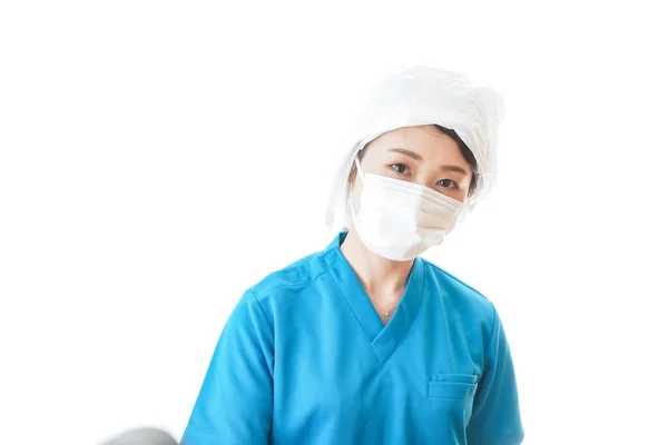 Junge Frau Medizinischer Uniform Und Schutzmaske Vor Weißem Hintergrund Ärztin — Stockfoto