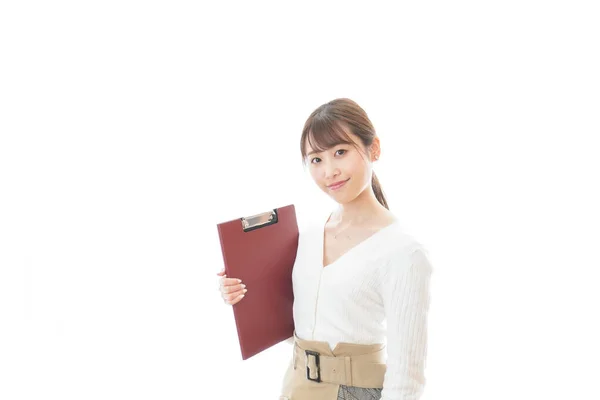 Mujer Joven Con Carpeta Roja —  Fotos de Stock